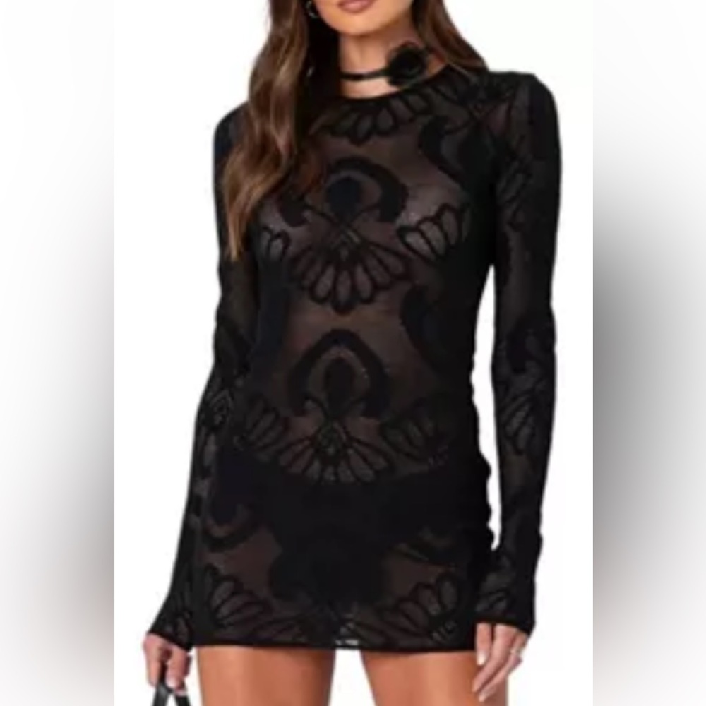 Edikted Black Sheet Mesh Lace Long Sleeve Mini Dress